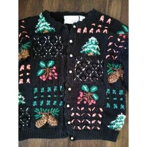 Fair Isle Vintage Embroidered Cotton Hand Knit Christmas Cardigan Sweater Sz XL